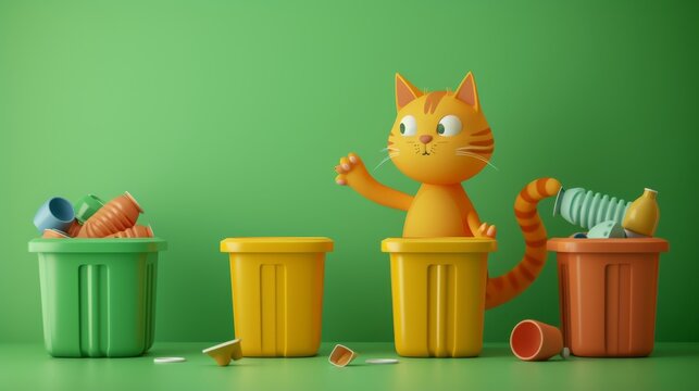A playful cartoon cat sorts various recycling materials into different colored bins against a vibrant green background. This fun and engaging image emphasizes the importance of recycling and