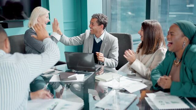 Celebration, applause and business people in office for meeting for success, partnership or agreement. High five, diversity and group of professional creative designers clapping for goal in workplace