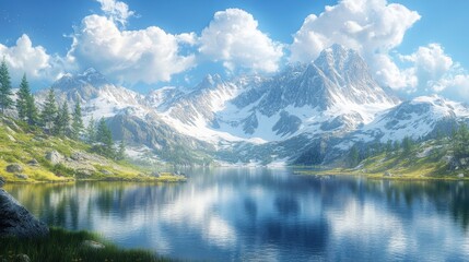 Fototapeta premium Majestic snow-covered peaks with serene alpine meadows, photorealistic, panoramic view of untouched wilderness and crystal-clear lakes, breathtaking mountain scenery