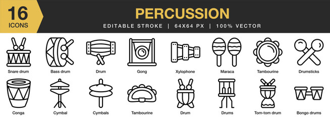 Percussion icon set. Editable Stroke Icon Collection. Includes drumsticks, gong, maraca, snare, tambourine, xylophone, and More. Outline icons vector collection.