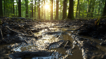 A close-up view of the forest floor, revealing an intricate mix of wet mud, tiny pebbles, and roots emerging from the soil, illuminated by soft sunlight streaming through the canopy