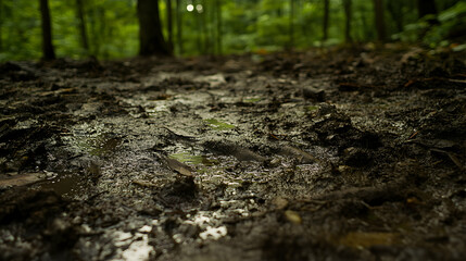 A close-up view of the forest floor, revealing an intricate mix of wet mud, tiny pebbles, and roots emerging from the soil, illuminated by soft sunlight streaming through the canopy