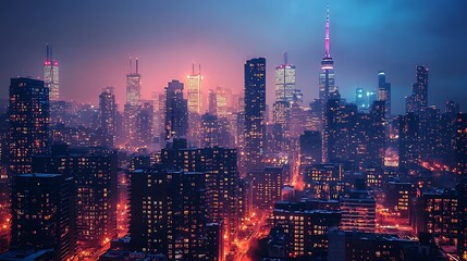 Fototapeta premium Skyscrapers glow through the fog in a mysterious cityscape under the night sky.