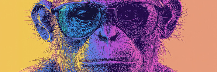 Close-up of a monkey wearing sunglasses in a colorful illustration.