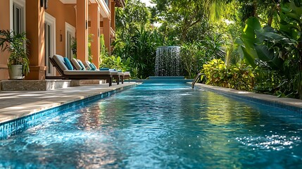 A tranquil resort pool with loungers and a soothing waterfall amidst tropical foliage.