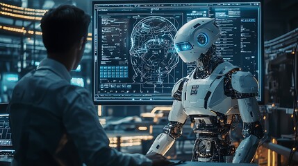 A robot and scientist unite on a project, blending AI with human expertise for the future.