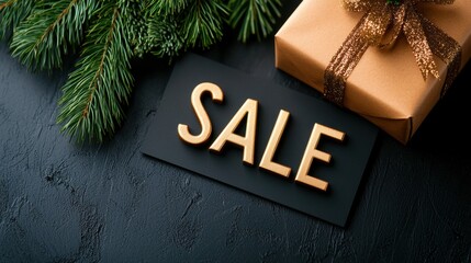 Celebrate the holiday season with a festive sale, featuring a beautifully wrapped gift and decorative foliage.