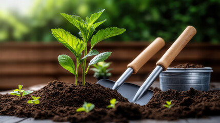 Close-up of a young plant being planted in soil with garden tools, highlighting the gardening process and nurturing nature.
