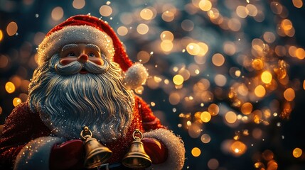 Obraz premium Close-up of jingle bells on a vintage Santa Claus figure, with soft, glowing holiday lights in the background