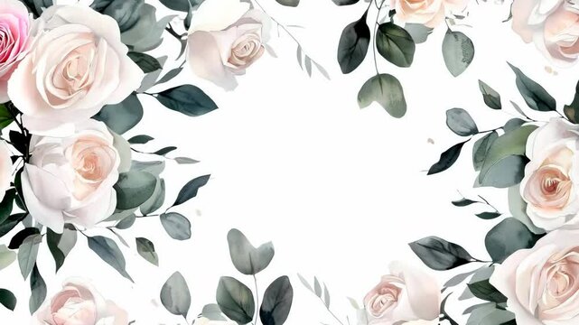 Elegant floral frame with pastel roses and green leaves, perfect for invitations, greeting cards, or wedding designs.