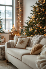 A cozy living room decorated for Christmas, featuring a white and beige color scheme sofa with beautiful pillows, a large tree adorned in golden ornaments and lights, surrounded by festive decorations