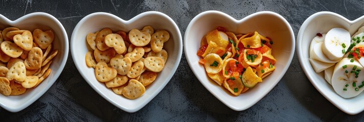 Fototapeta premium Heart-shaped porcelain bowls filled with an assortment of savory snacks