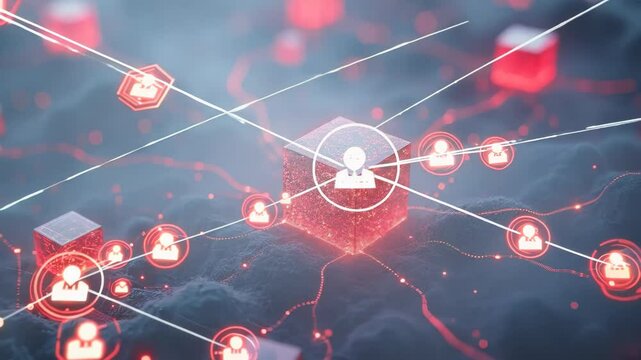 Red cubes float in misty environment. Glowing objects interconnected by energy beams. Complex fractal structure simulates data connections, evoking cybersecurity and information theory concepts.	