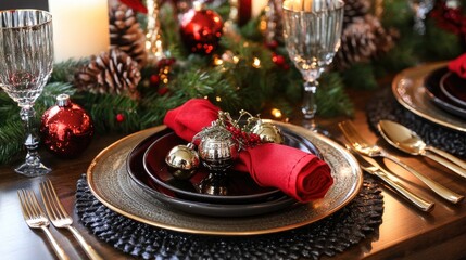 Naklejka premium Holiday table setting with jingle bell napkin rings, sparkling candlelight and festive decor