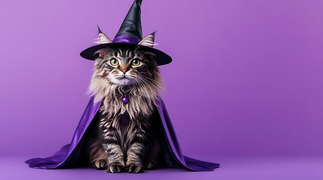 A fluffy cat dressed as a witch with a pointed hat and cape, sitting on an isolated purple background, leaving ample space above for text