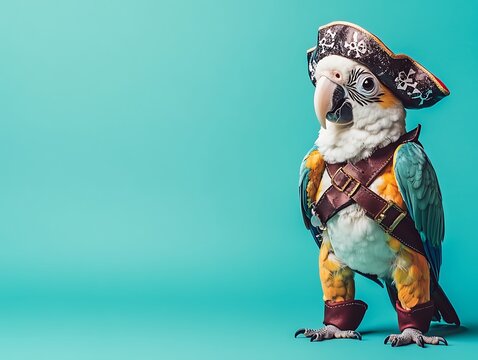 A parrot in a pirate costume with a small hat and eye patch, perched on an isolated teal background with space above for text