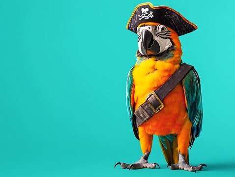 A parrot in a pirate costume with a small hat and eye patch, perched on an isolated teal background with space above for text
