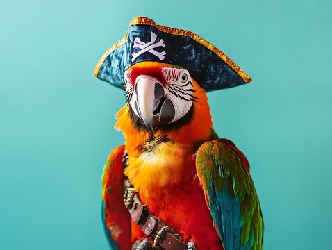 A parrot in a pirate costume with a small hat and eye patch, perched on an isolated teal background with space above for text