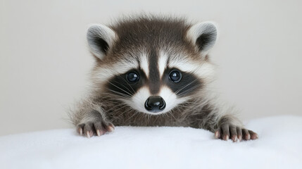A mischievous baby raccoon, its mask-like markings contrasting with its fluffy white belly, perched playfully on a white surface. Its tiny paws and curious expression create a sense of wonder.