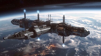 Obraz premium Futuristic Spaceship Orbiting Earth