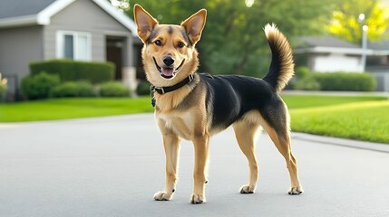 Happy dog a cheerful dog stands confidently on a sunny street, showcasing its vibrant fur and playful demeanor. This pet exudes happiness, making it a great companion.