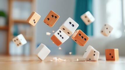 A pile of wooden dice scattered on a table