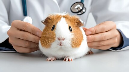 A veterinarian conducts a health check on a guinea pig in a clinical setting. The animal is calm and well cared for in this examination process.