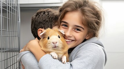 A joyful child holds a guinea pig close, radiating happiness and affection. This heartwarming moment captures the bond between kids and pets.