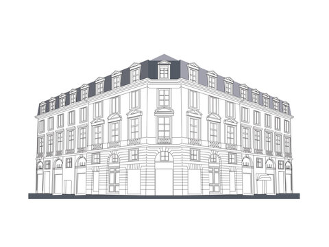 Traditional Paris house. Beautiful vector illustration in modern style isolated on a light blue background.
