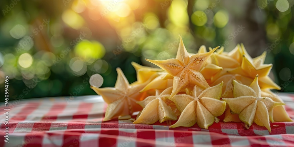 Canvas Prints Star fruit slices displayed on a checkered tablecloth, highlighting their distinctive star shapes and bright colors against a softly blurred picnic setting.