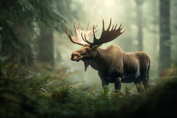 Obraz premium Majestic Moose Standing in Misty Forest 