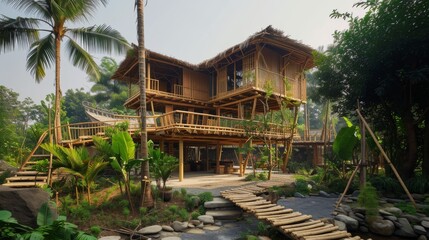 A charming bamboo house with a thatched roof, nestled in a lush tropical garden. The rustic design emphasizes natural materials and open spaces, creating a serene and eco-friendly living environment