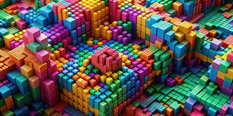 High-angle view of pixelated clay sculpture in vibrant colors and dynamic shapes, futuristic, traditional