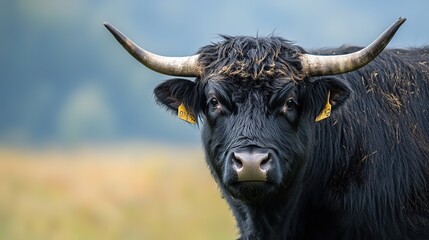 Naklejka premium Clear Image of a Black Fluffy Bull with a Distinctive Appearance, Emphasizing Its Thick Fur and Robust Build. Ideal for Animal and Livestock Illustrations