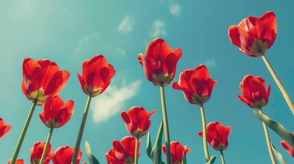 Fototapeta premium Red tulips against blue sky
