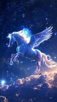 A magical, glowing pegasus with wings spread, soaring through a starry night sky with clouds below.