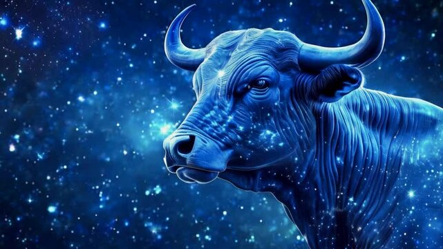 Closeup of a blue bull's head against a starry night sky.