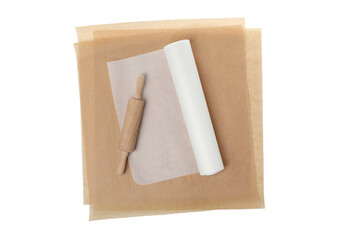 PNG, Baking paper with a wooden rolling pin, isolated on white background