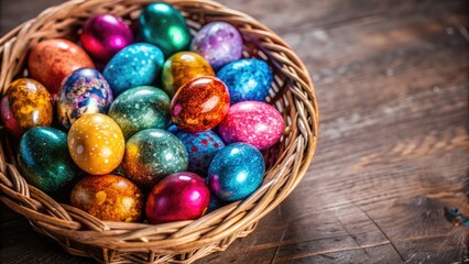 Fototapeta premium Glossy colorful Easter eggs in a basket, Easter, eggs, basket, colorful, shiny, festive, holiday, celebration, traditional