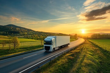 Obraz premium White truck driving on the asphalt road in rural landscape at sunset, ai