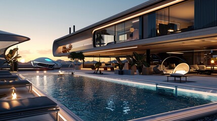 Fototapeta premium Modern Futuristic Villa with Swimming Pool and Sunset View