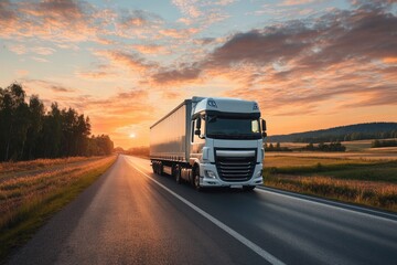 White truck driving on the asphalt road in rural landscape at sunset, ai