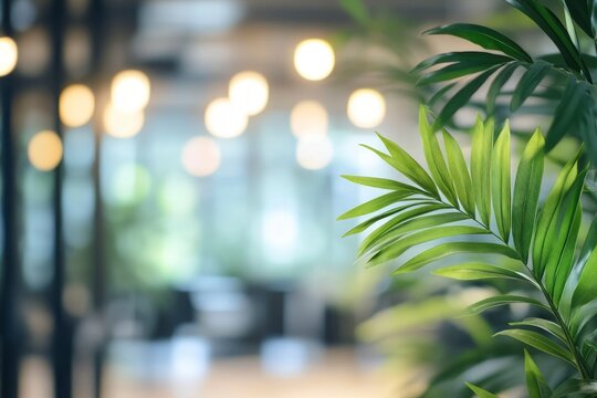 Blur background of contemporary office with greenery and bright natural light. Office interior photography. Sustainable workplace environment concept. Design for eco-friendly office spaces. Spate , ai