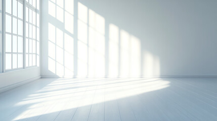 Fototapeta premium A clean, white room with sunlight streaming in through the window, casting shadows on an empty wall