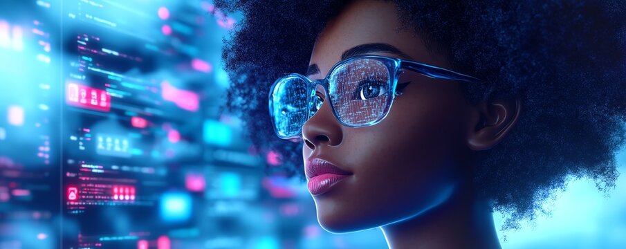 Concept of cloud computing with a 3D African American woman named Coco, including cloud service servers, data processing, blogging, website, and mobile app visuals