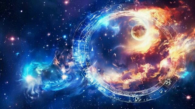 A circular zodiac wheel with astrological symbols is surrounded by stars and celestial bodies in a colorful nebula.