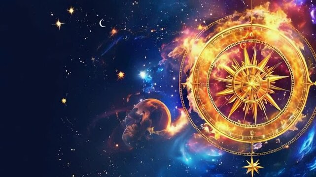 A celestial compass with a golden star in the center, surrounded by a nebula and stars, with a planet and crescent moon in the background.