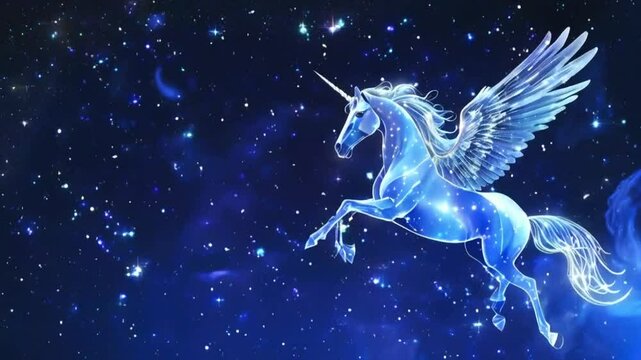A glowing, blue, winged unicorn with a starry mane and tail flies across a dark blue sky full of stars.