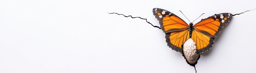 Fototapeta premium A butterfly emerging from a cracked cocoon, symbol of transformation after depression, 3D render, vibrant hues, isolated on white background