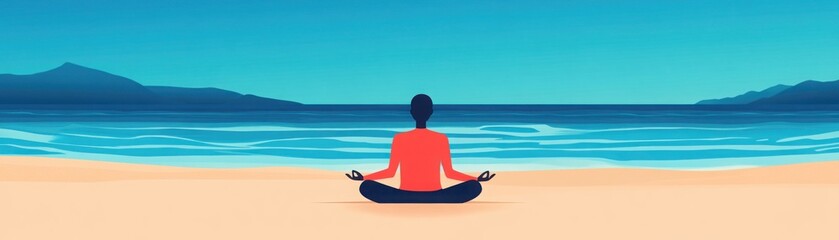 A person meditating on a calm beach, waves gently washing away their pain, flat design illustration